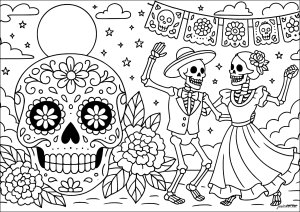 Skeleton dance (El Día de los Muertos Coloring Page)