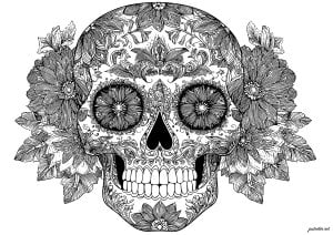 Smiling skulls and intricate flowers