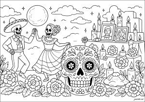 Festive celebration of joyful spirits (El Día de los Muertos Coloring Page)