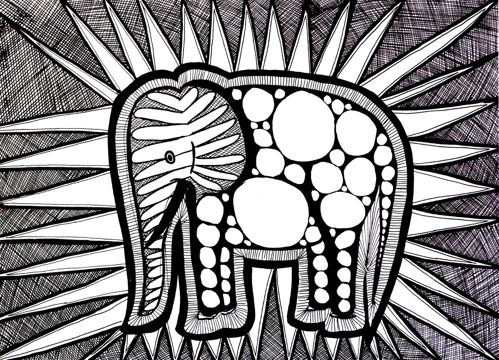 Difficult adult coloring of an elephant, made up of many different shapes and patterns. Lots of areas to color, preferably with fine markers!