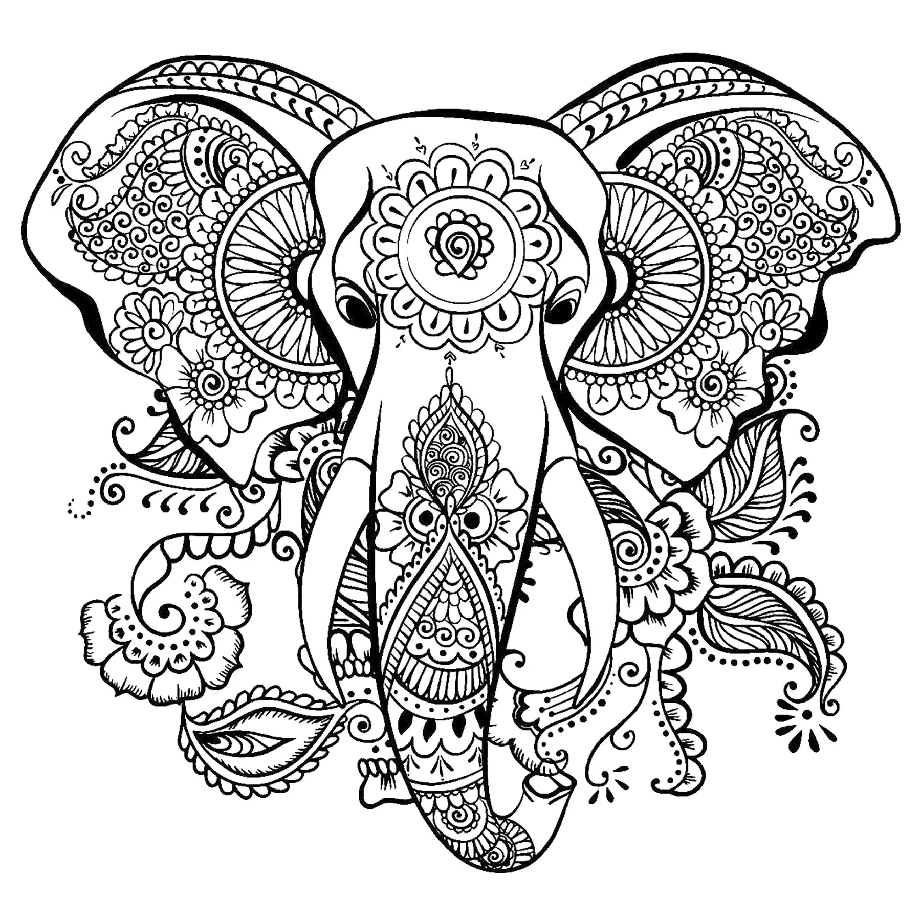 Elegant drawing of an elephant (Printable Coloring Page for adults)