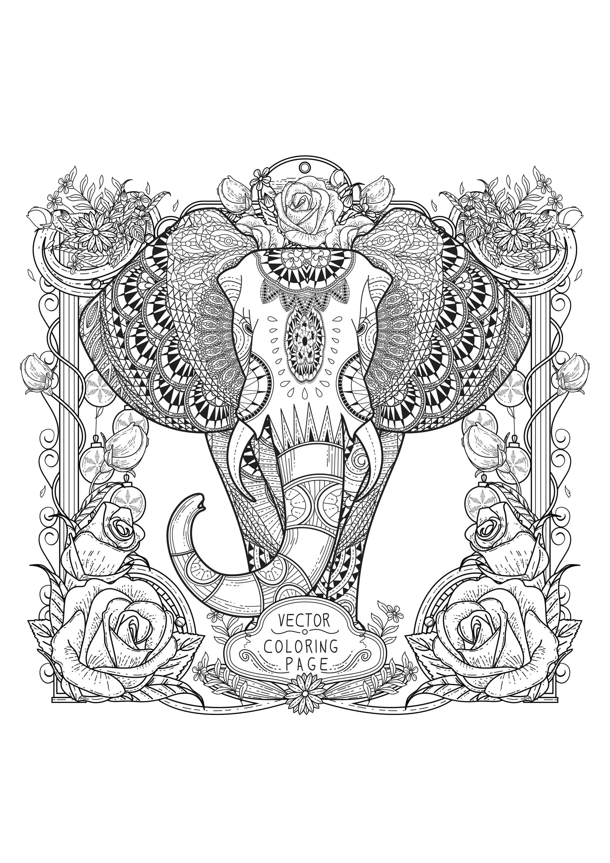 Elephant with complex patterns (Printable Coloring Page for adults)