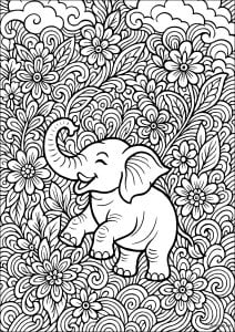 Little elephant in a floral vortex (Coloring Page)