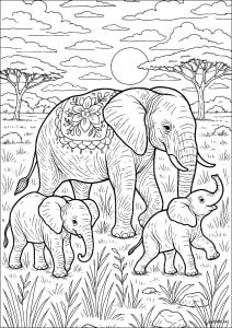 Elephant family at sunset