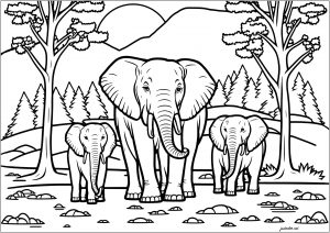 Three elephants in the savannah (Coloring Page)