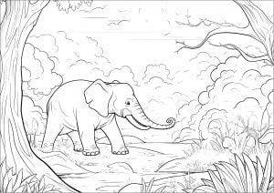 Young elephant walking in the Savannah (Coloring Page)