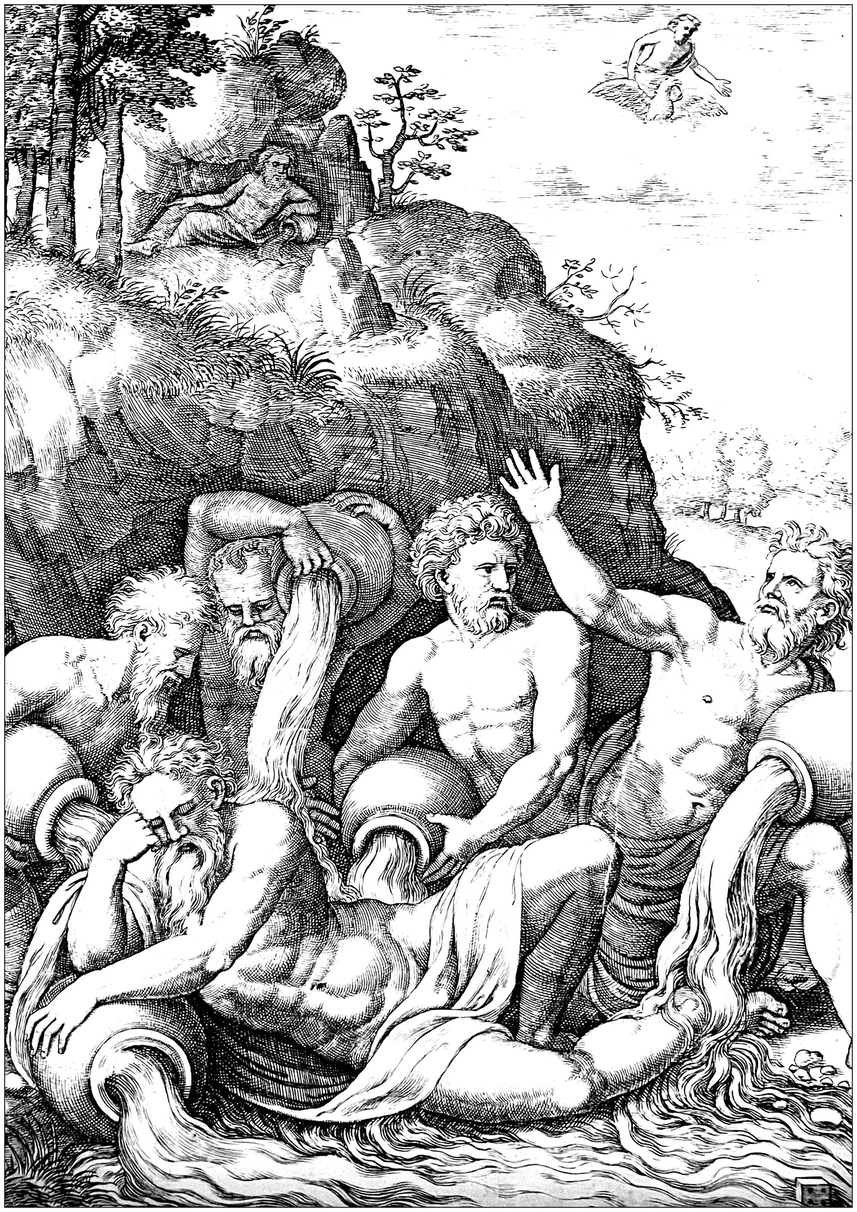 Coloring page from an engraving from 16th century representing the rivers coming to console Peneus after the rape of his daughter by Apollo, her death and her metamorphosis into a laurel. (Story of Apollo and Daphne) By Bernardo Daddi (1512-1570), known as The Master of the Dice, after Peruzzi. At the bottom right a dice in the water of the rivers indicates 4 points on its visible face: it signs the engraving as being from the master of the dice, and indicates that this engraving is the 4th in the series.