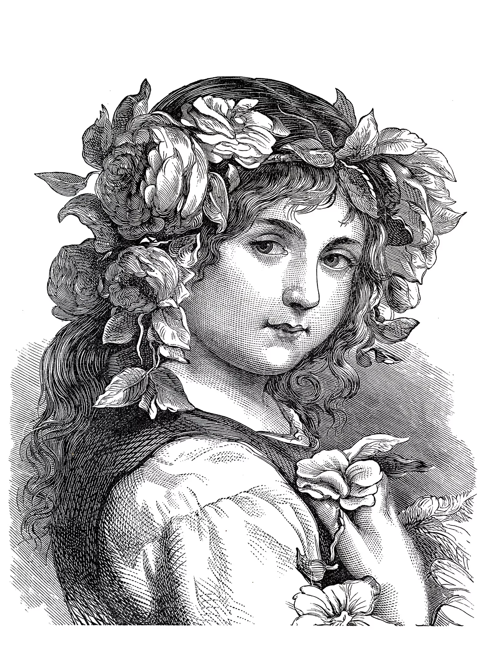 Engraving flower girl - 1868 (Printable Coloring Page for adults)