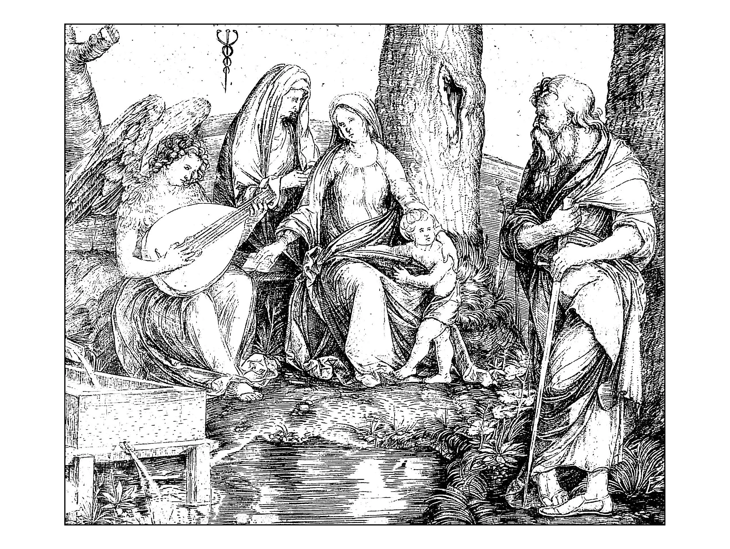 Engraving jacopo de barbari holy conversation around - 1509 (Printable Coloring Page for adults)