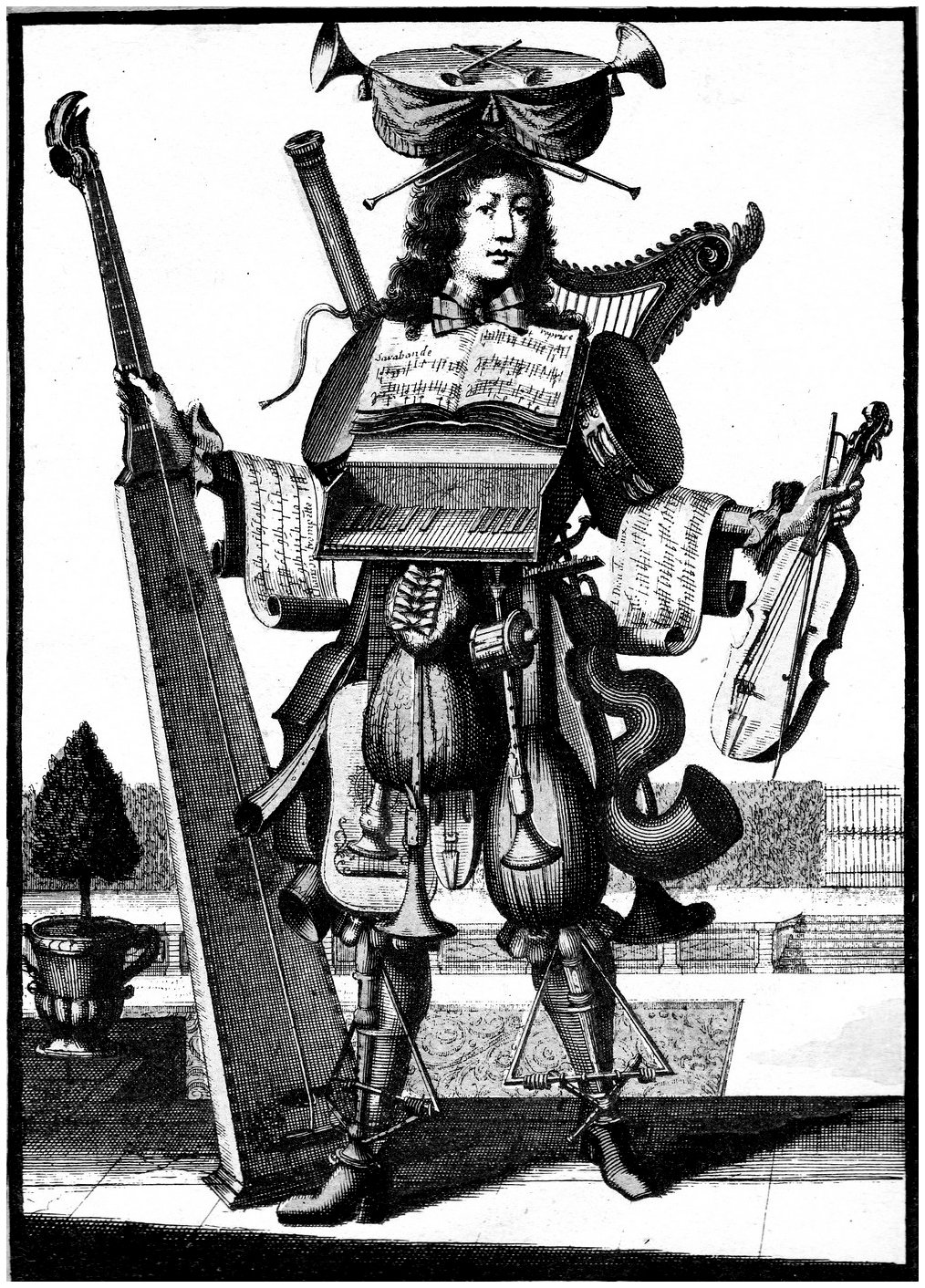 The man orchestra, ancient engraving. This adult coloring page is inspired by an old engraving of the orchestra man. It presents a man dressed in a simple costume, but composed of multiple instruments.