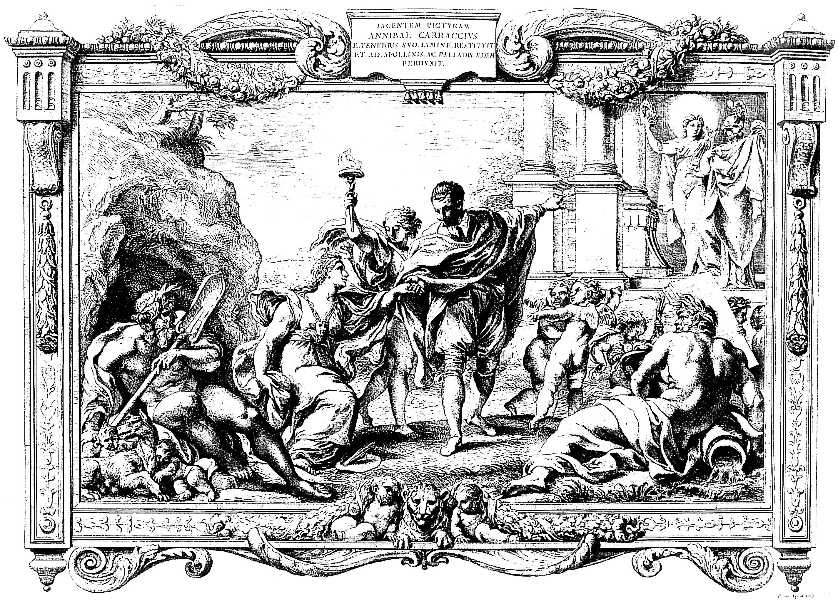 Annibale Carracci Introduces Painting to Apollo and Minerva, Engraving by Pietro Aquila, 1674