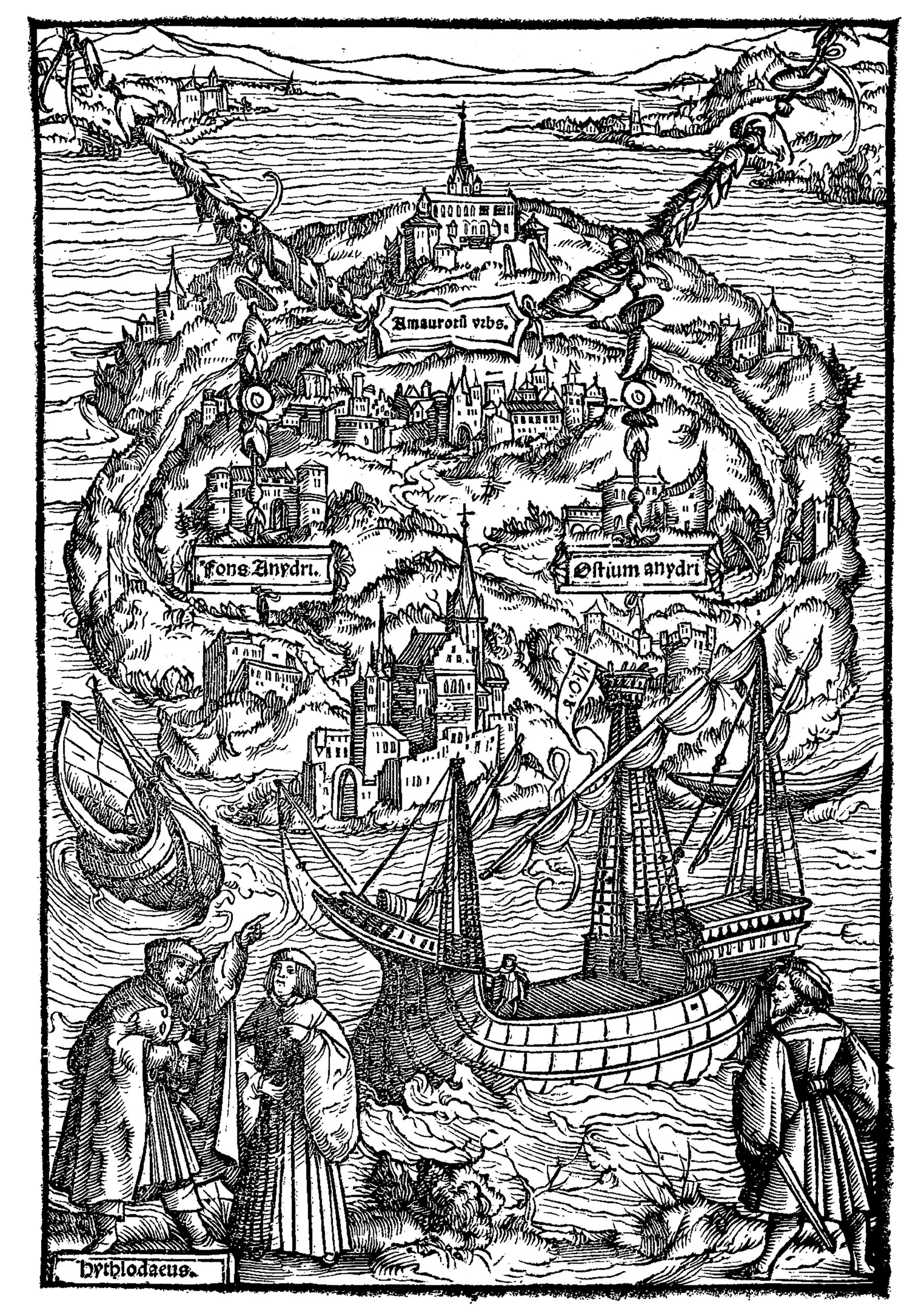 Engraving by Ambrosius Holbein for a 1518 edition of Thomas More's Utopia book. The lower left corner shows the traveler Raphael Hythlodeus describing the island.