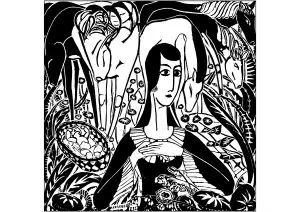 Woman and horses (woodcut)