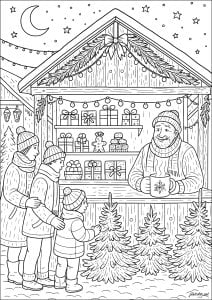 Christmas Market. A warm Christmas market scene with a smiling vendor and a family admiring the decorations and gifts under a starry sky. Christmas market