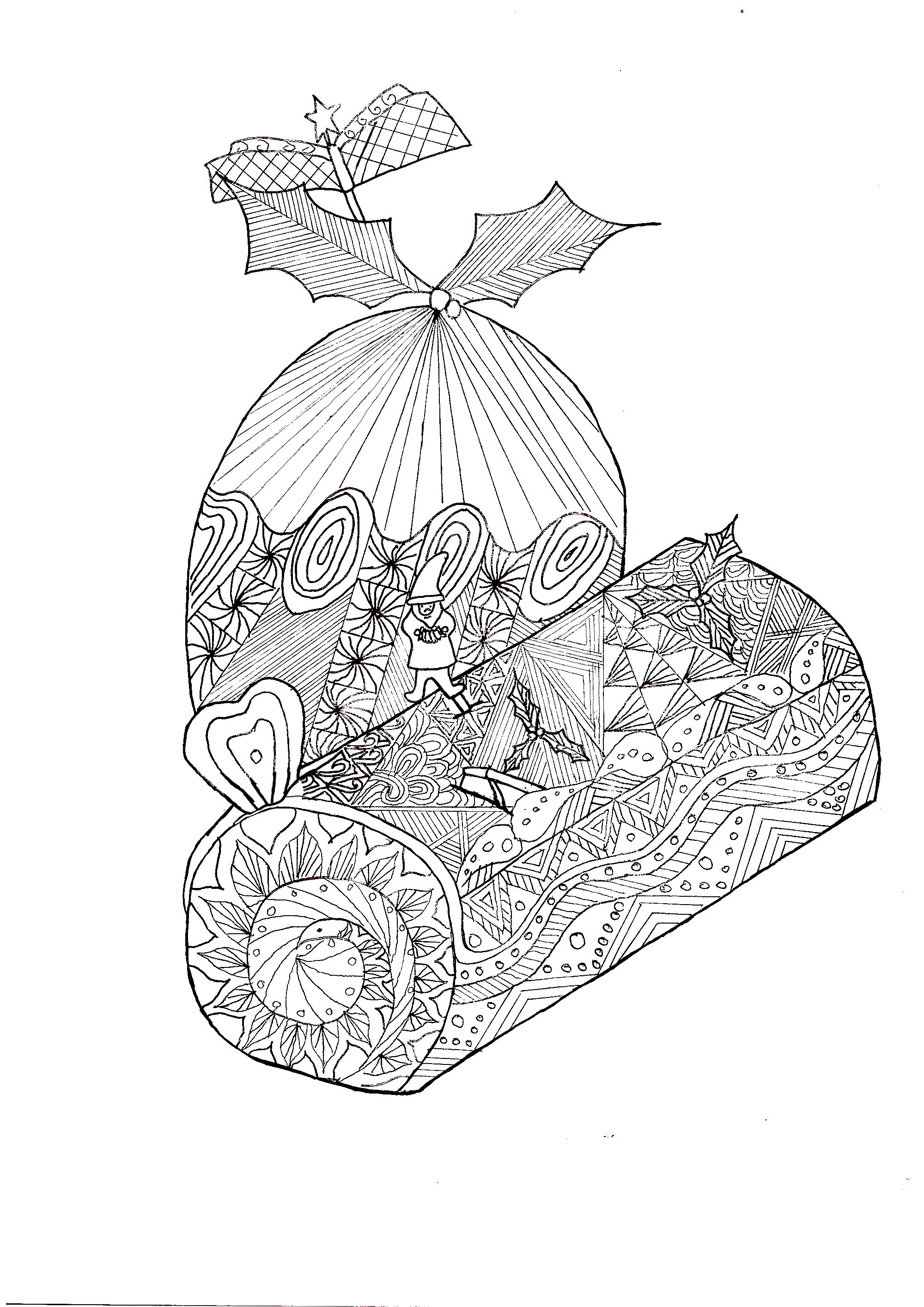 Complex coloring page of a Christmas log with a Christmas egg