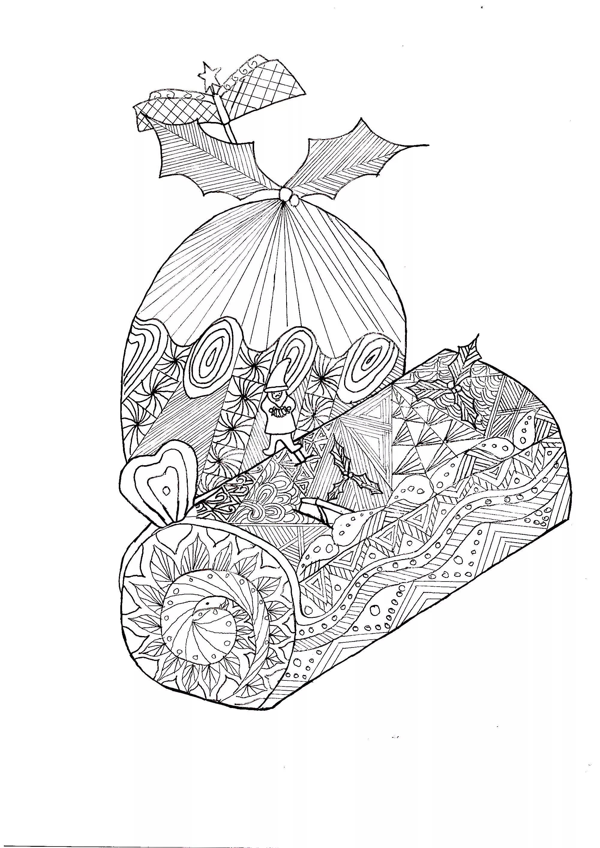 Christmas log and Zentangle patterns (Printable Krissy Coloring Page for adults)