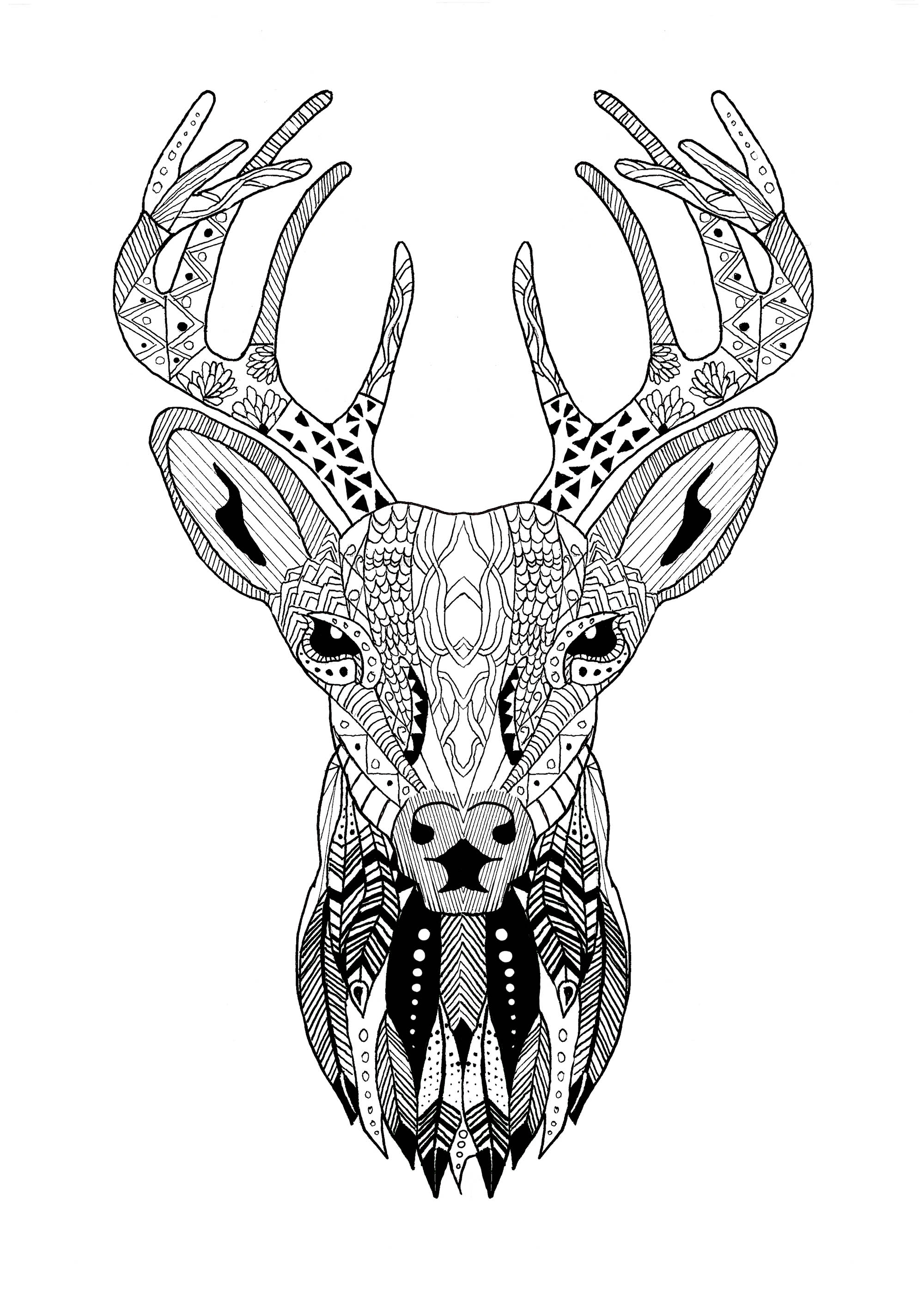 Beautiful Christmas reindeer coloring with zentangle pattern, Artist : Krissy