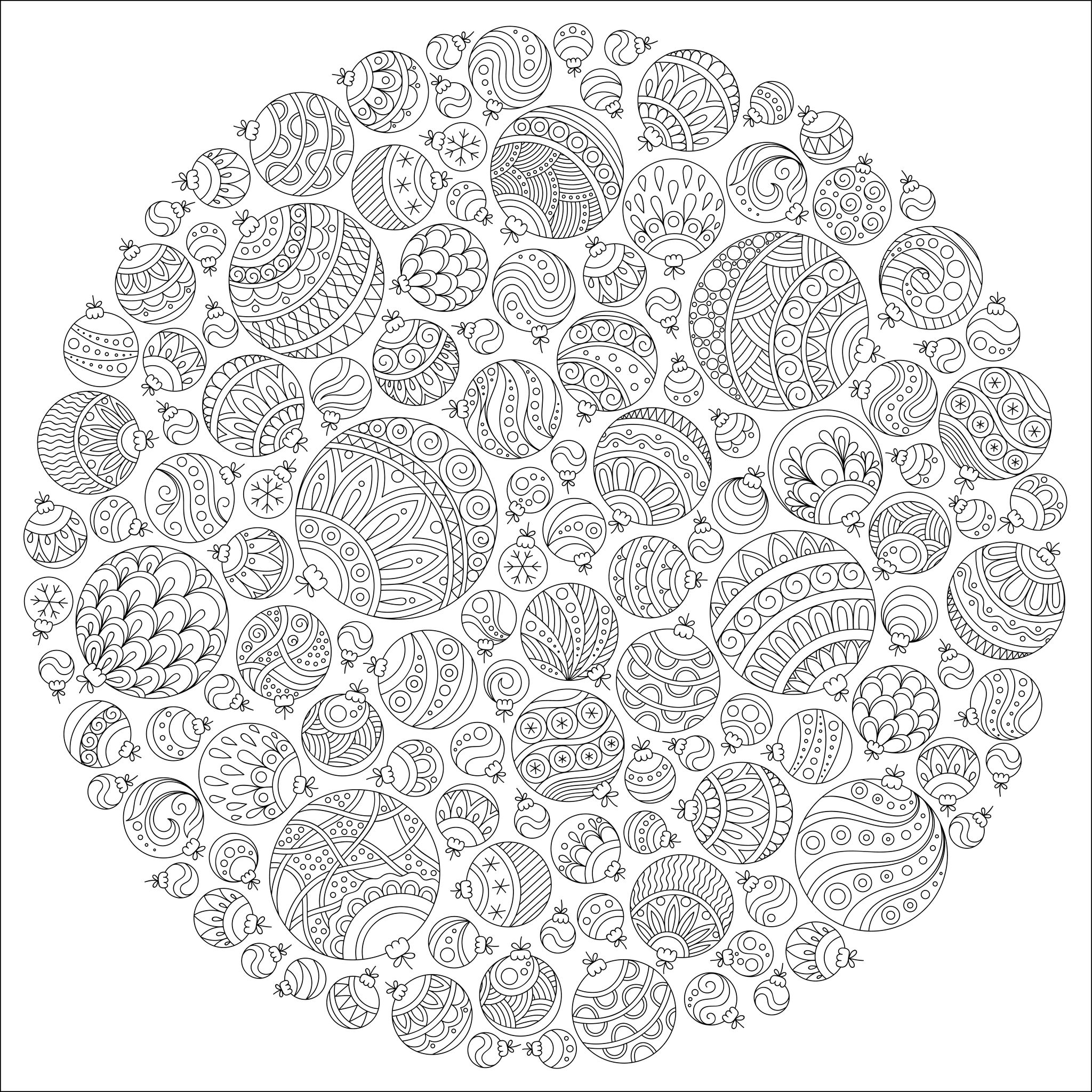 Christmas ball ornaments coloring page : different patterns and sizes