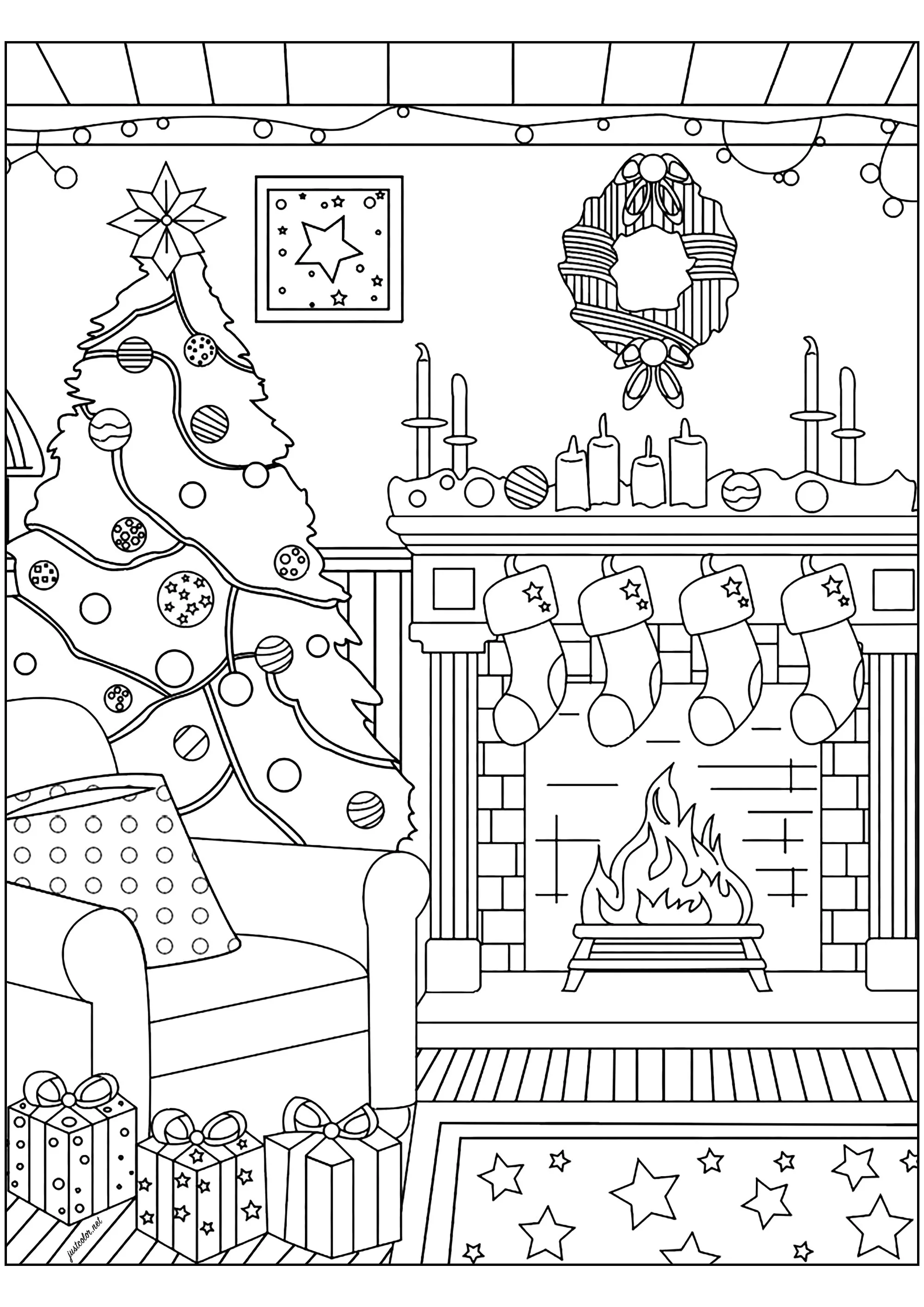 Christmas by the fireplace (Printable Coloring Page for adults)