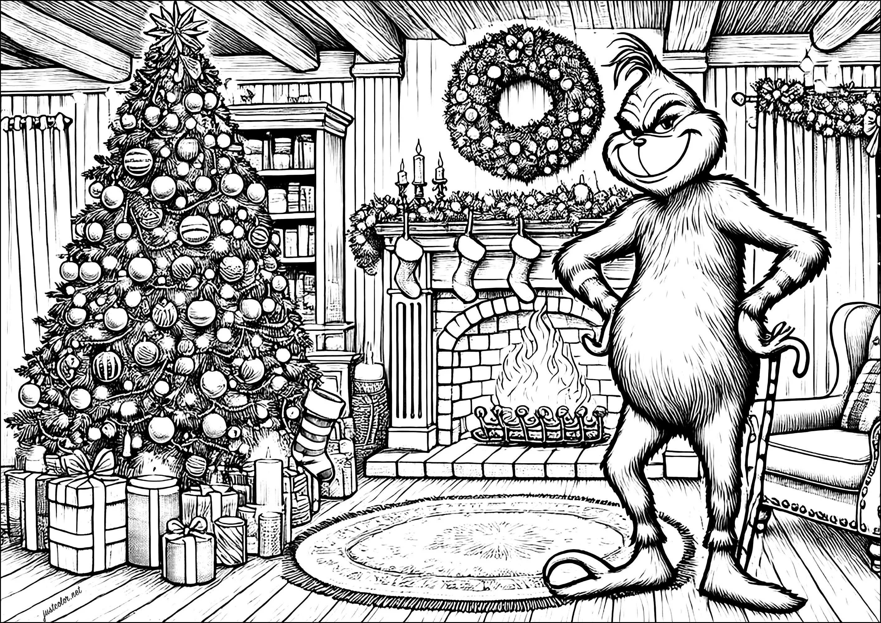 The Grinch in a well-decorated living room for Christmas (Printable Coloring Page for adults)