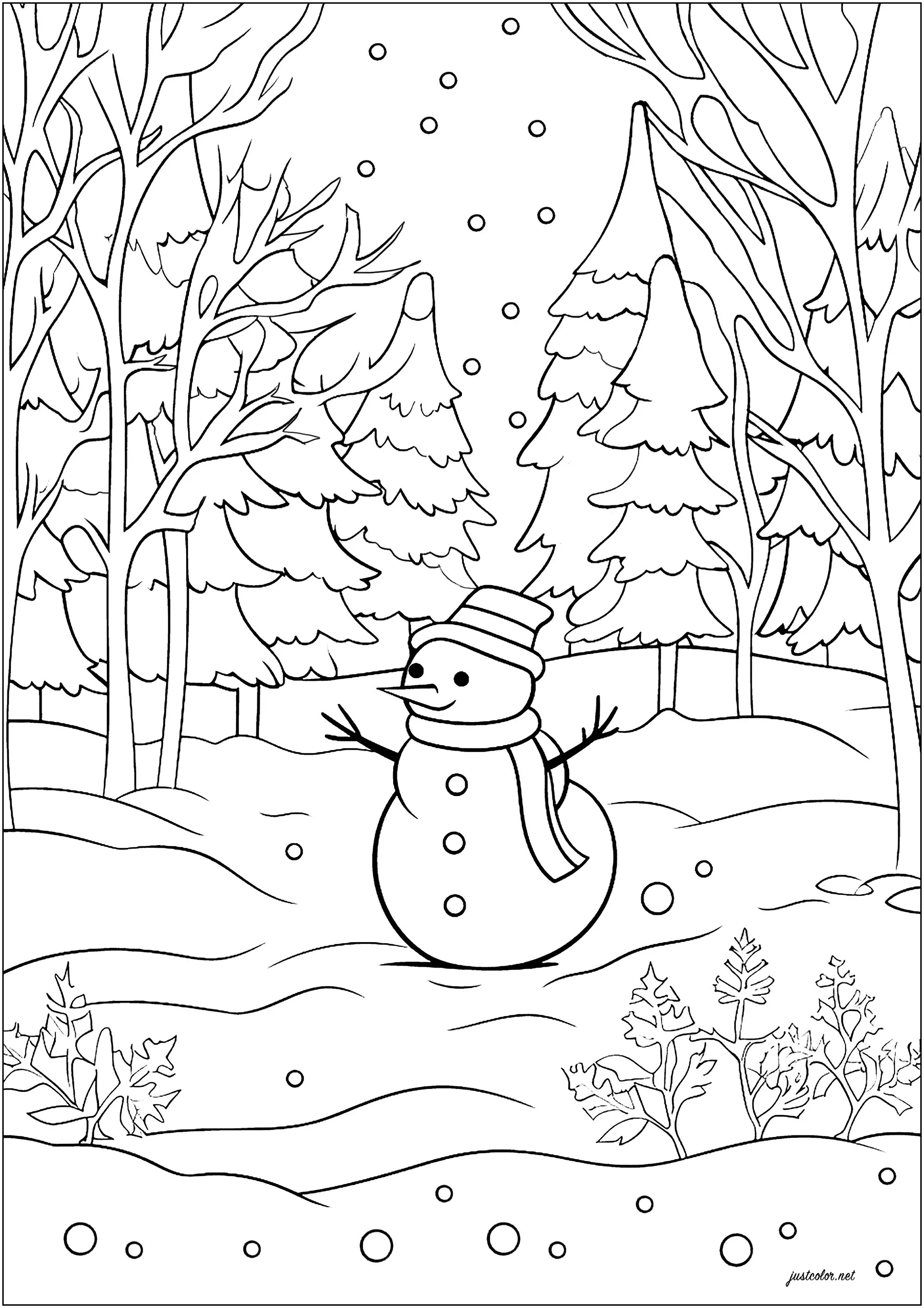 Snowman in the snowy forest (Printable Christmas Coloring Page for adults)