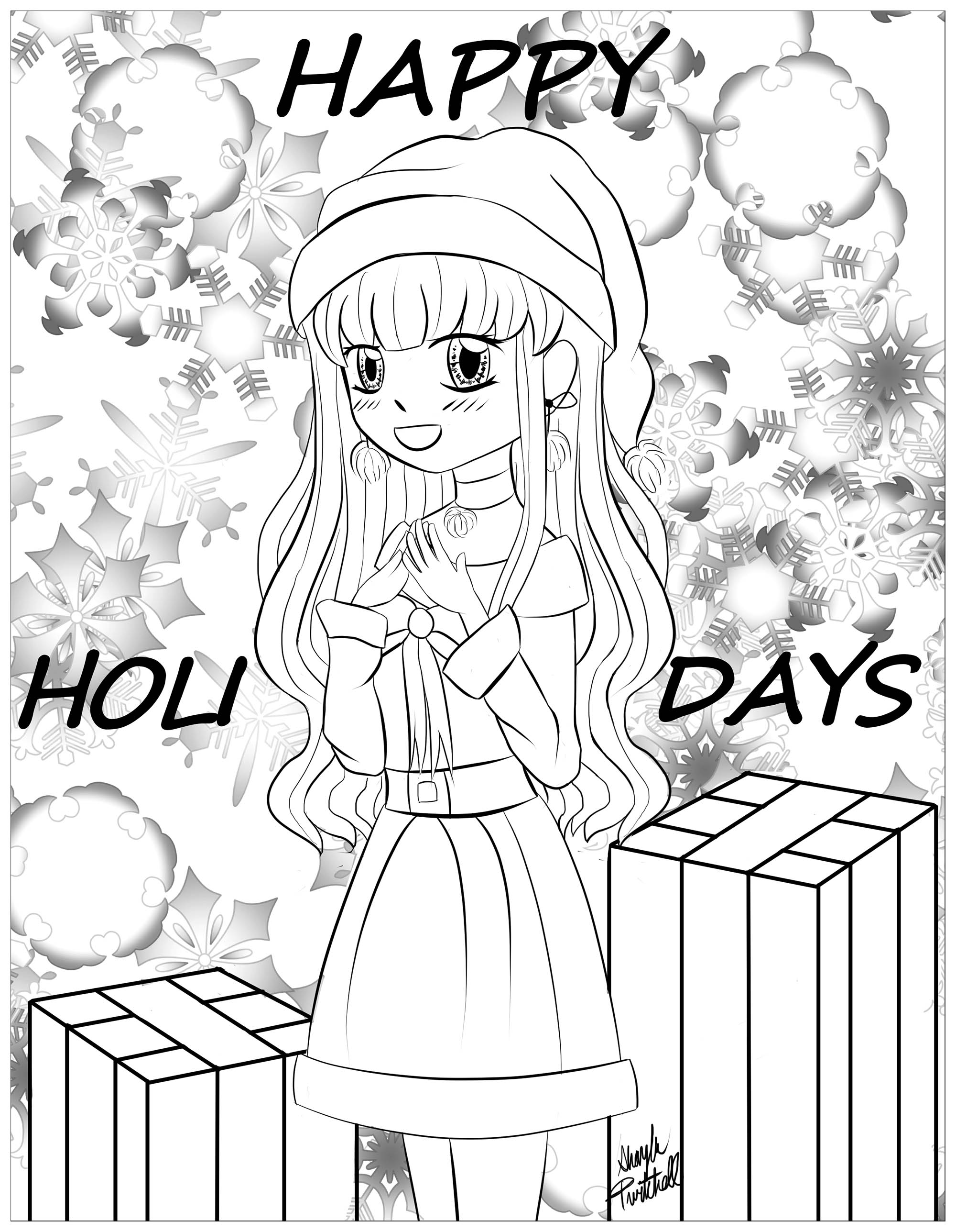 Christmas girl, Manga style coloring page