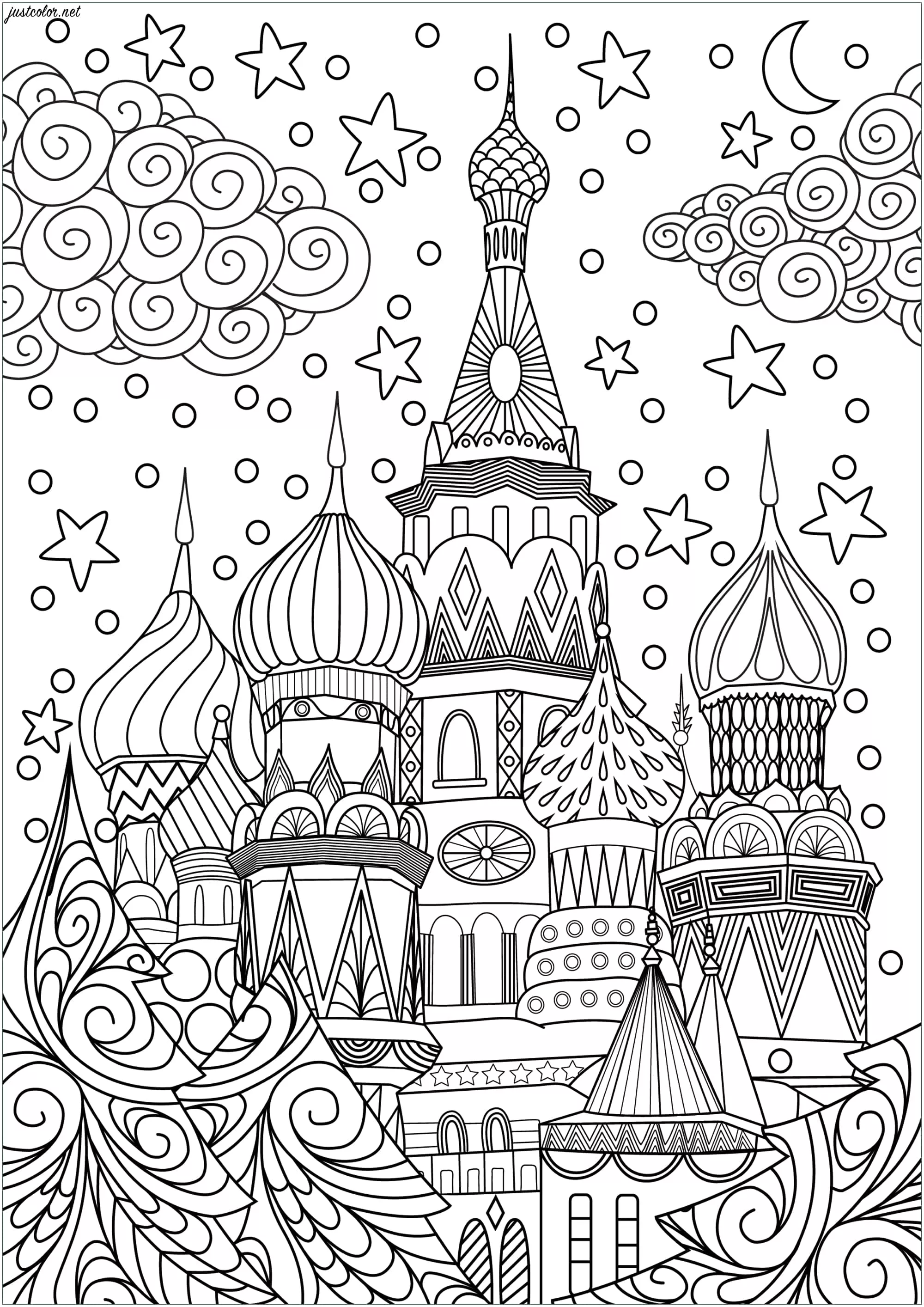 Christmas in Moscow (Printable Coloring Page for adults)