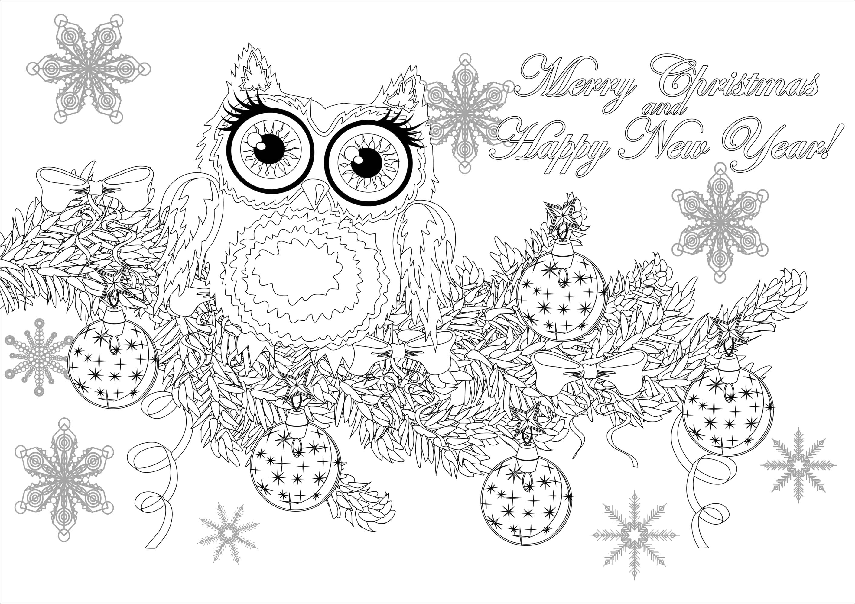 Cute owl on a branch of a Christmas tree, with Stars in background, and text, Source : 123rf   Artist : Oksana Tsvyk