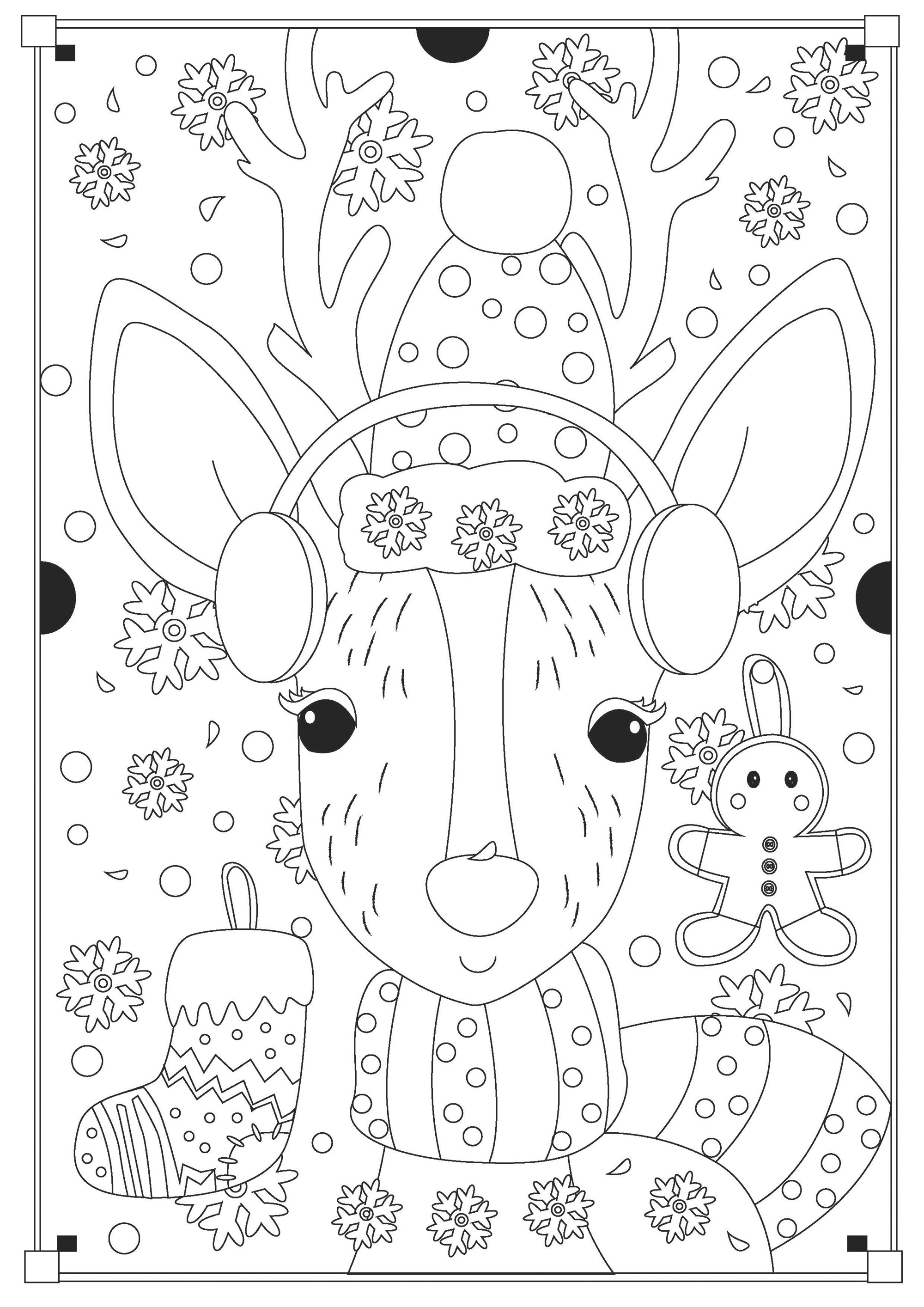 Santa's cute reindeer. Also color in the many elements that surround it, linked to the Christmas spirit, Artist : Gaelle Picard
