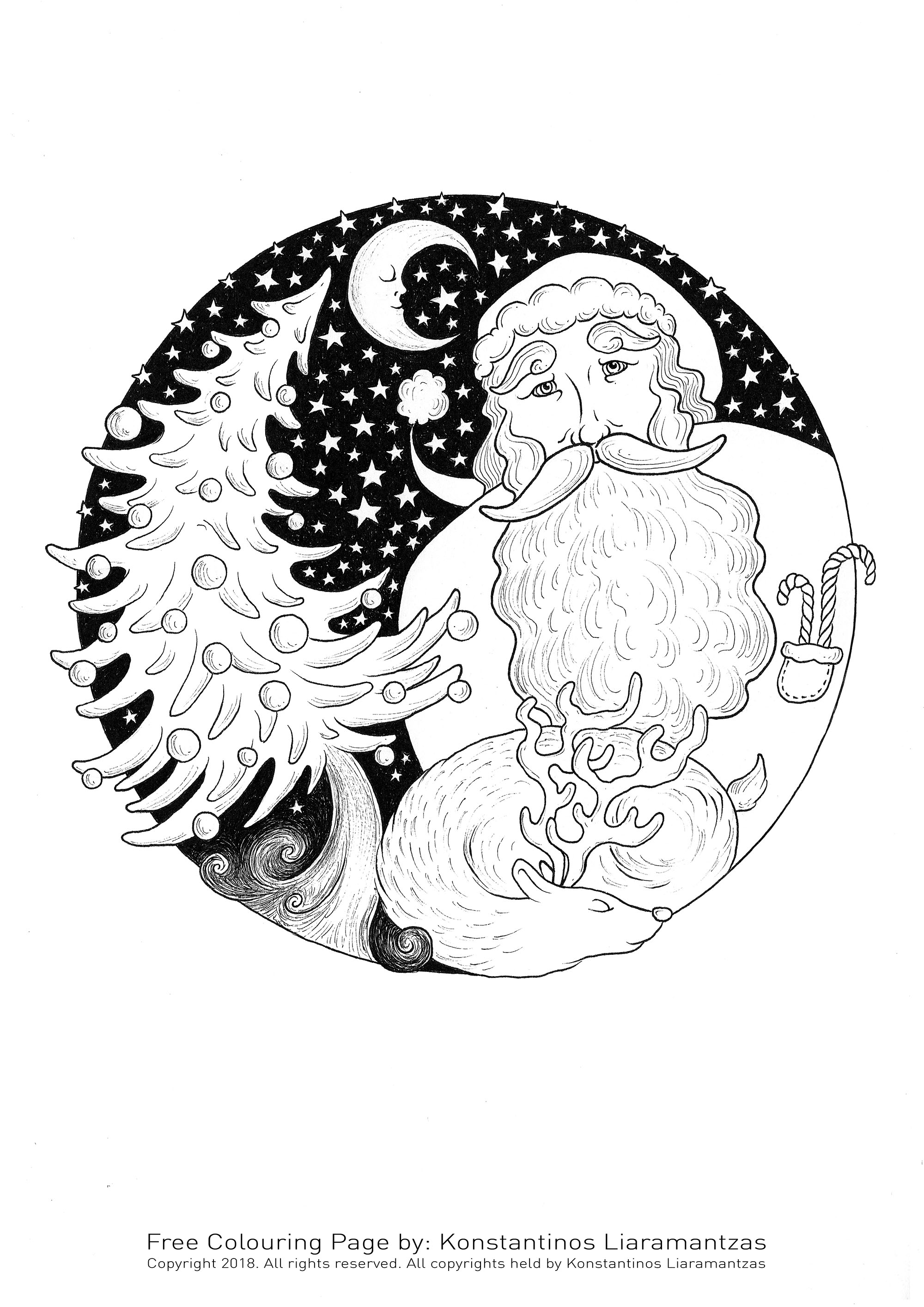 Santa Claus during a starry night with his sleeping reindeer, Artist : Konstantinos Liaramantzas