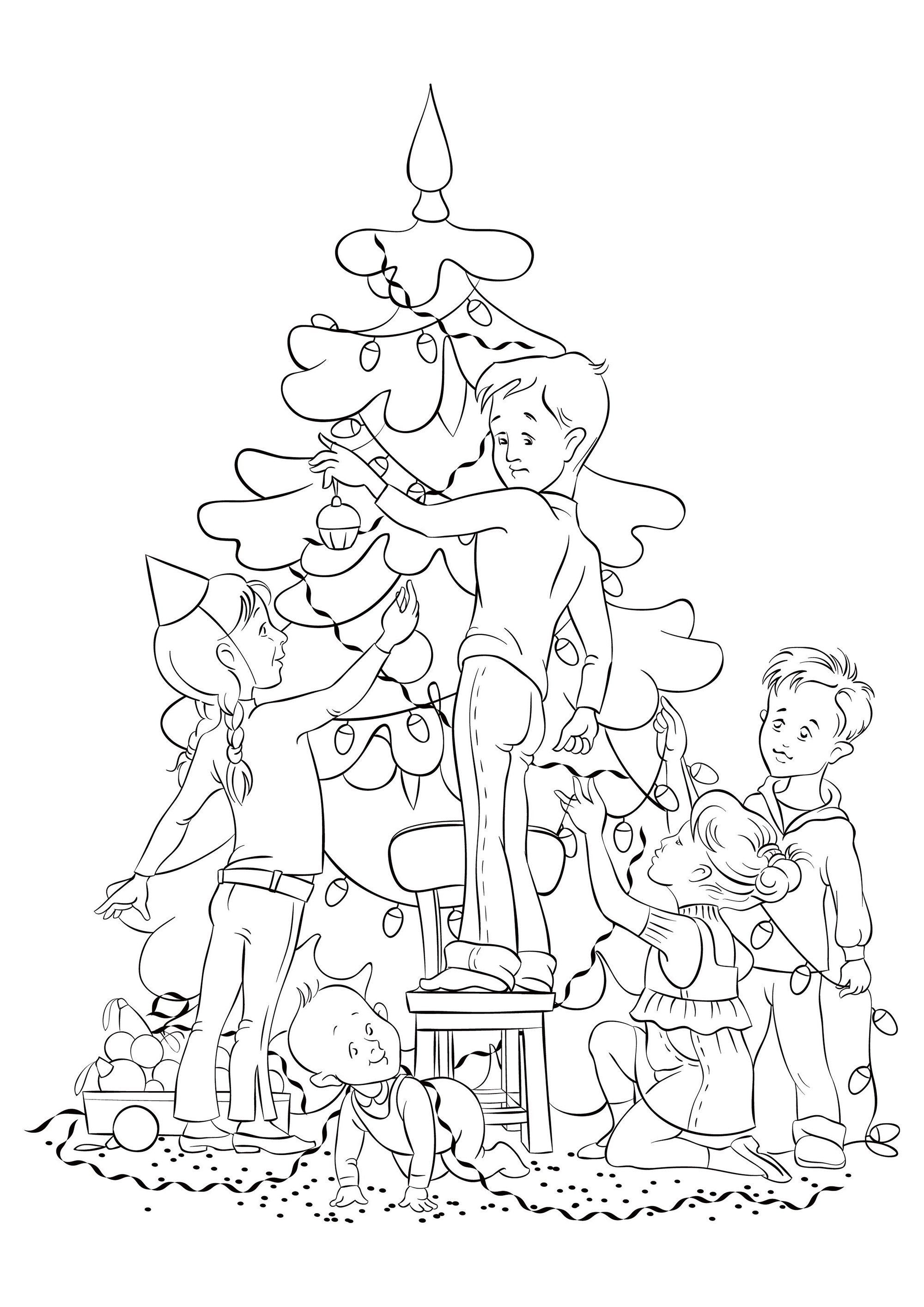 Coloring page representing children of all ages decorating a Christmas tree, Source : 123rf   Artist : regina555