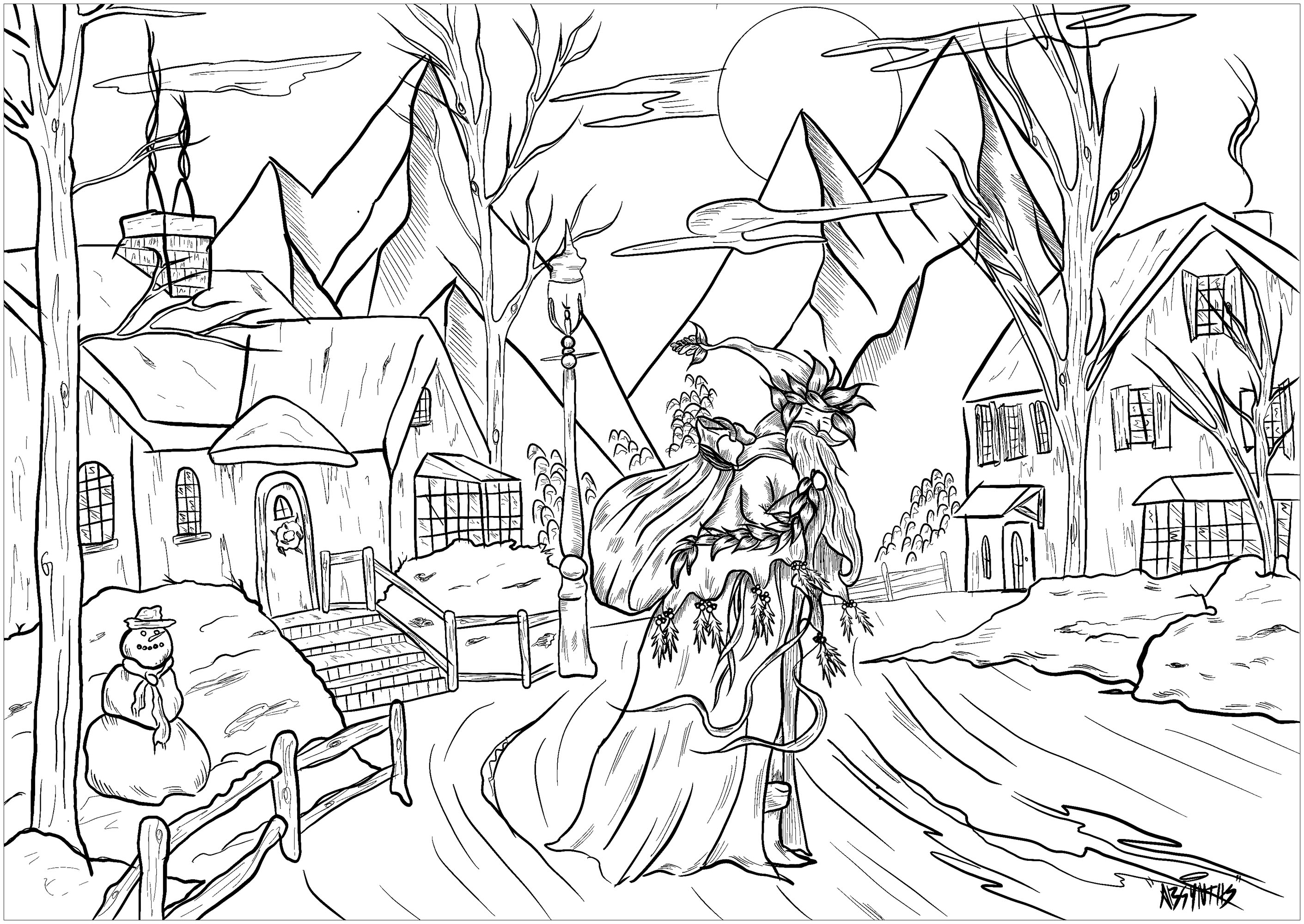 Canta Claus distributing gifts in a beautiful snowy village, Artist : Absynths