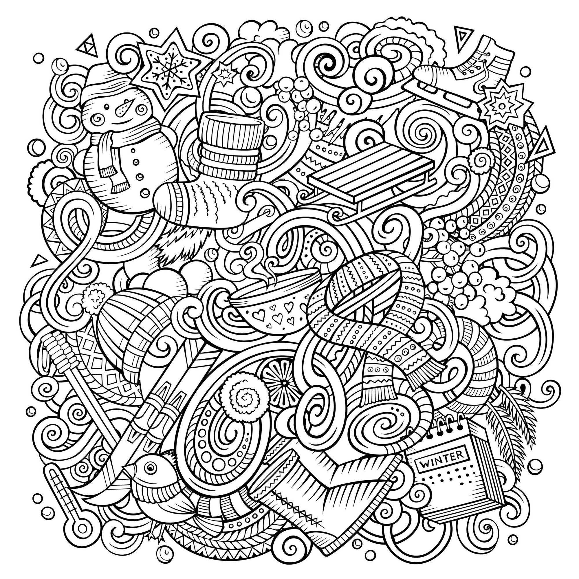 Color this beautiful doodles with various objects linked to winter : snowman, scarf, skis, toboggan .., Source : 123rf   Artist : Olga Kostenko