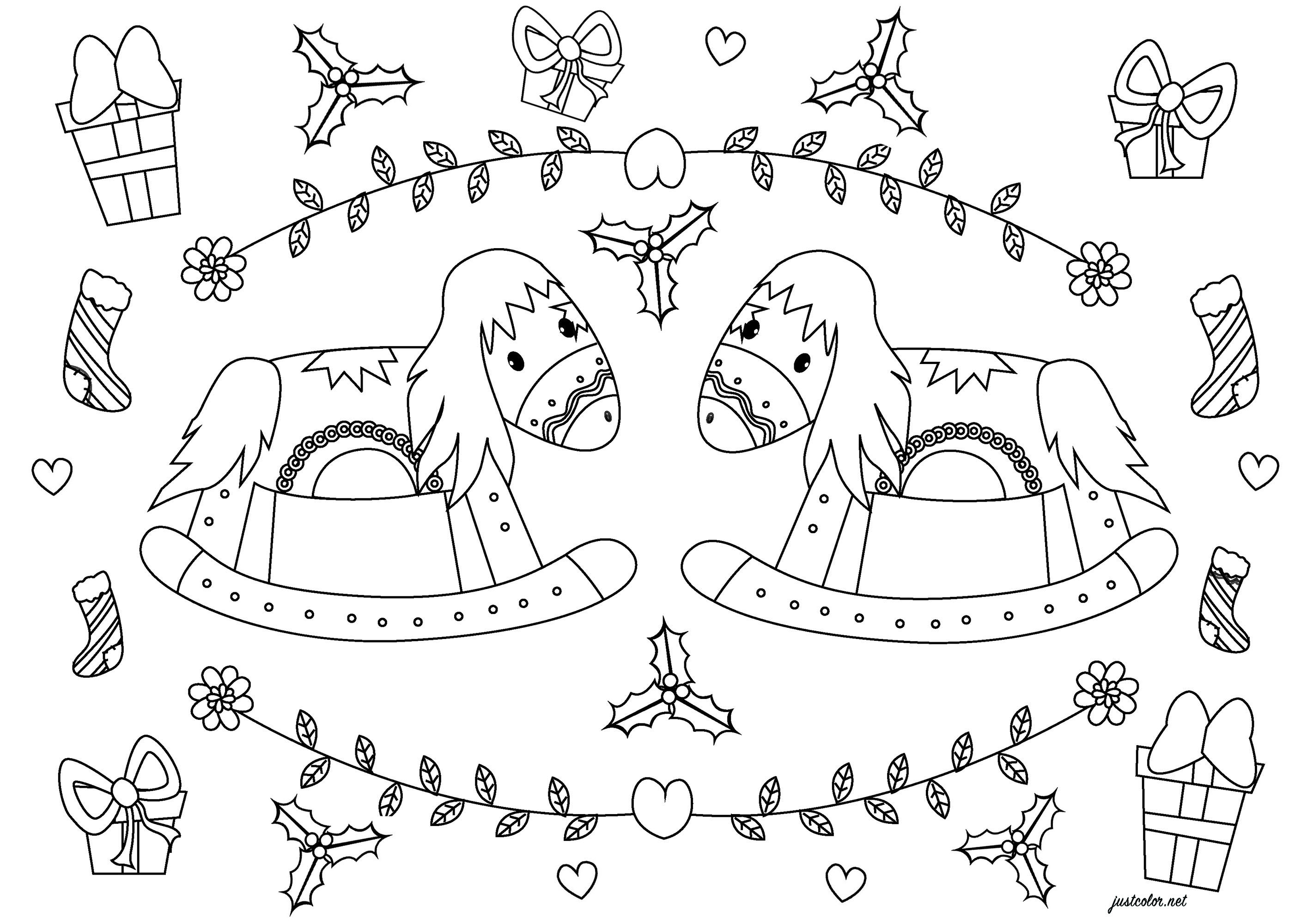 An original Christmas coloring page with two rocking horses. Also color many typical Christmas elements