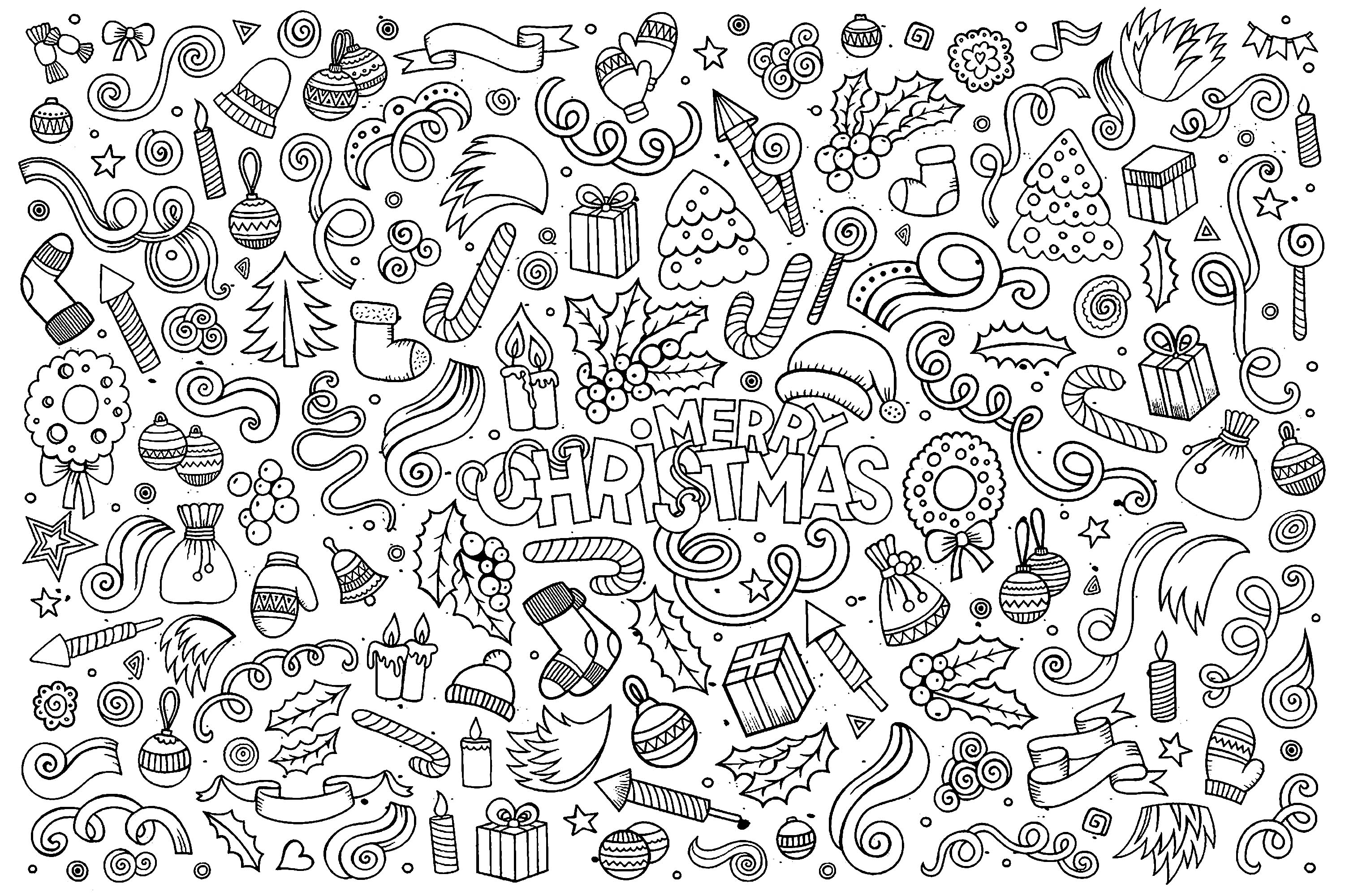 Various objects linked to celebrate the magic of Christmas, in an incredible coloring page !, Source : 123rf   Artist : Olga Kostenko