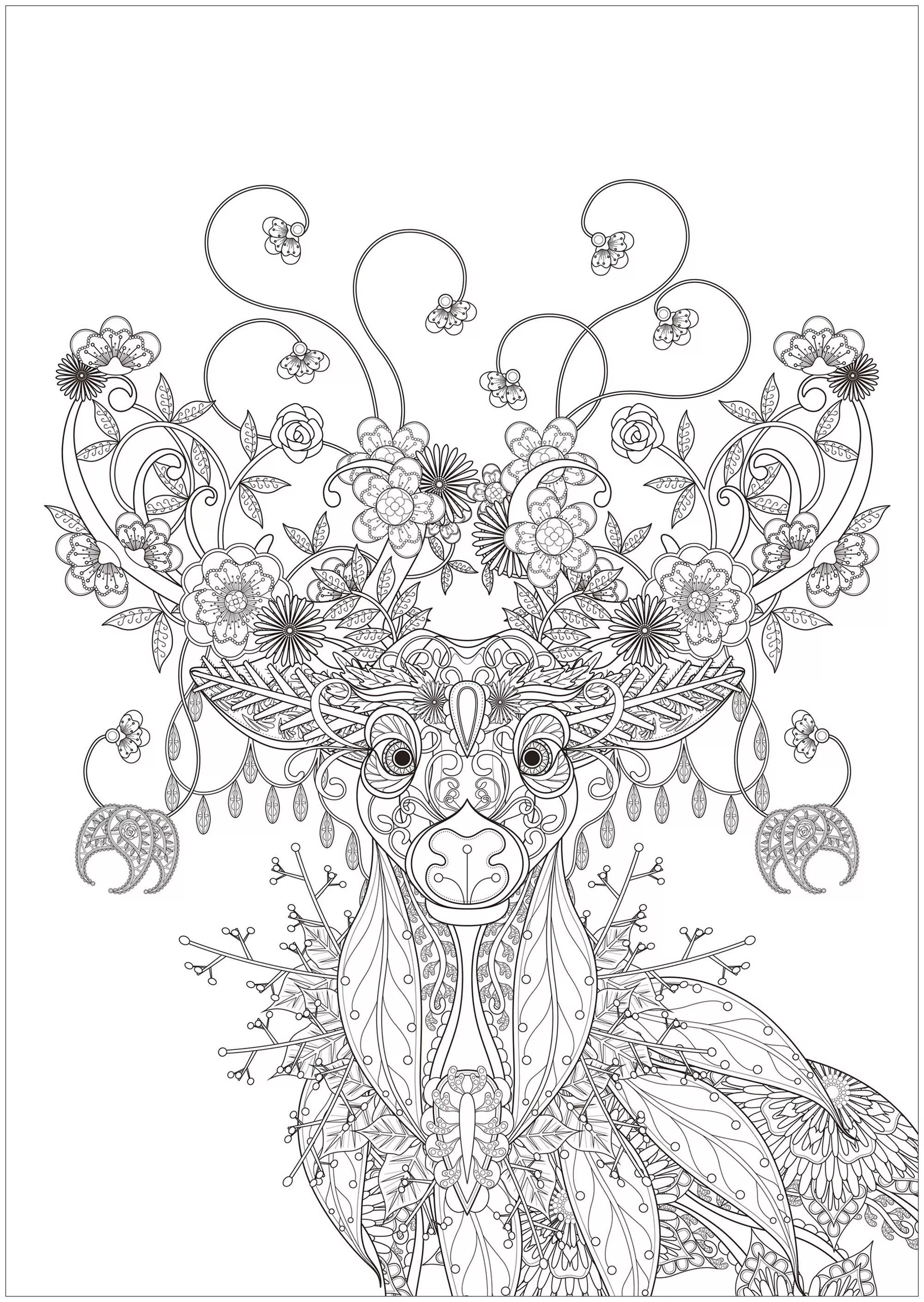 Deer with Flower patterns (Printable Christmas Coloring Page for adults)
