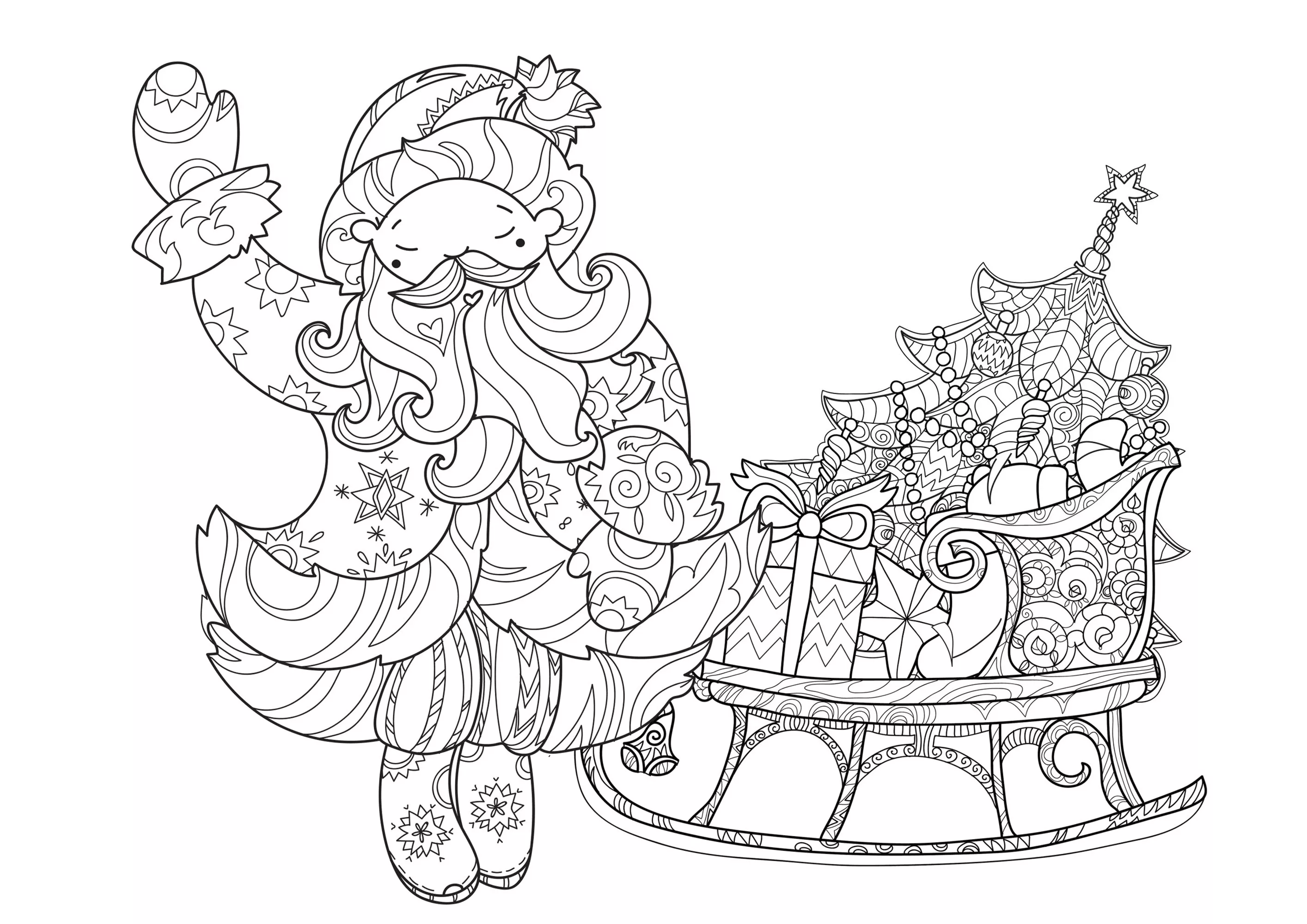 Santa Claus & Sleigh (Printable Christmas Coloring Page for adults)