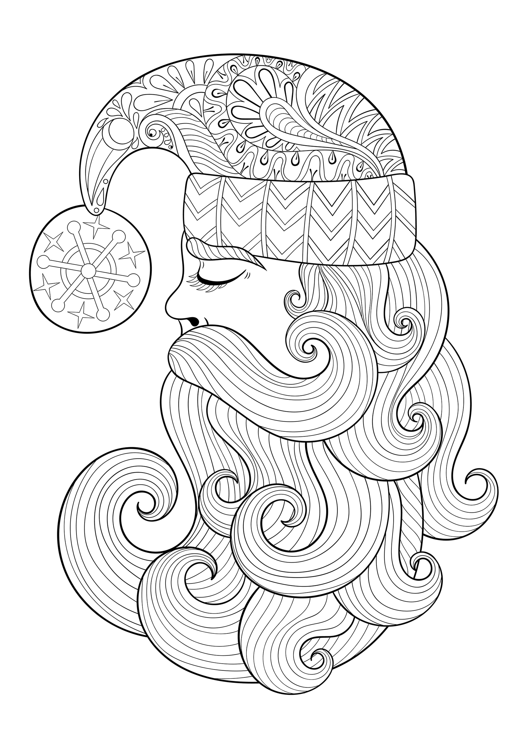 Coloring page of Santa Claus seen in profile, looking like the moon, Source : 123rf   Artist : Ipanki