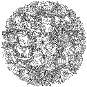 Christmas wreath with decorative items, angels, ribbons, stars, fruits . . (Coloring Page)