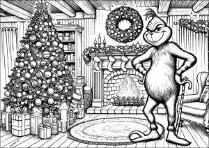 The Grinch in a well decorated living room for Christmas