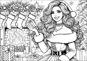 Woman dressed as Mrs. Claus, with gifts (Christmas Coloring Page)
