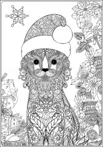Cute cat in a Santa hat (Christmas Coloring Page)