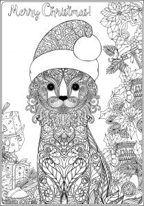 This lovely cat wears a beautiful Santa Claus hat. The text 'Merry Christmas' can be colored