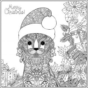 A squared coloring page with a cute Christmas cat, full of elegant paterns. The text 'Merry Christmas' can be colored, and also all the leaves, gifts and ornaments