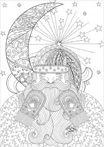 Santa Claus and his gloves with the moon (Christmas Coloring Page)