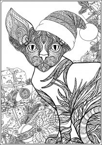 Cat (Sphynx) ready for Christmas (Coloring Page)
