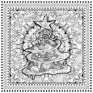 Christmas tree with beautiful and complex background, square format (Coloring Page)