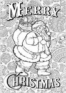 Santa Claus with text and background (Christmas Coloring Page)