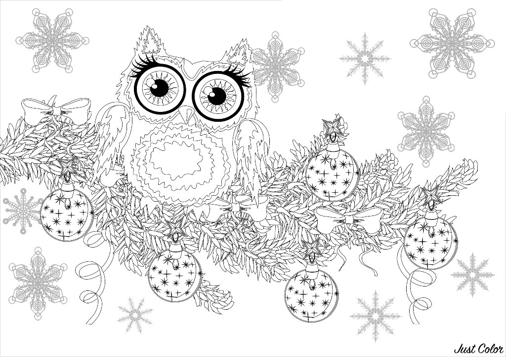 Cute owl on a branch of a Christmas tree, with Stars in background
