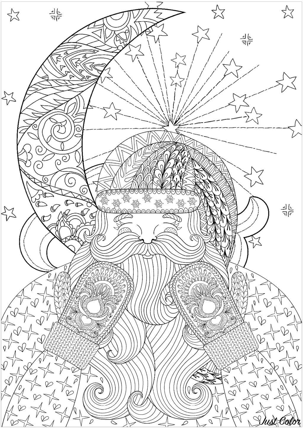 Happy Santa with knitted mittens. You can also color this beautiful moon and stars in background